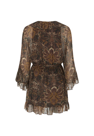 a-brown-and-beige-patterned-sheer-mesh-mini-dress-with-long-flared-sleeves-and-a-ruffled-hem-shown-against-a-plain-white-background